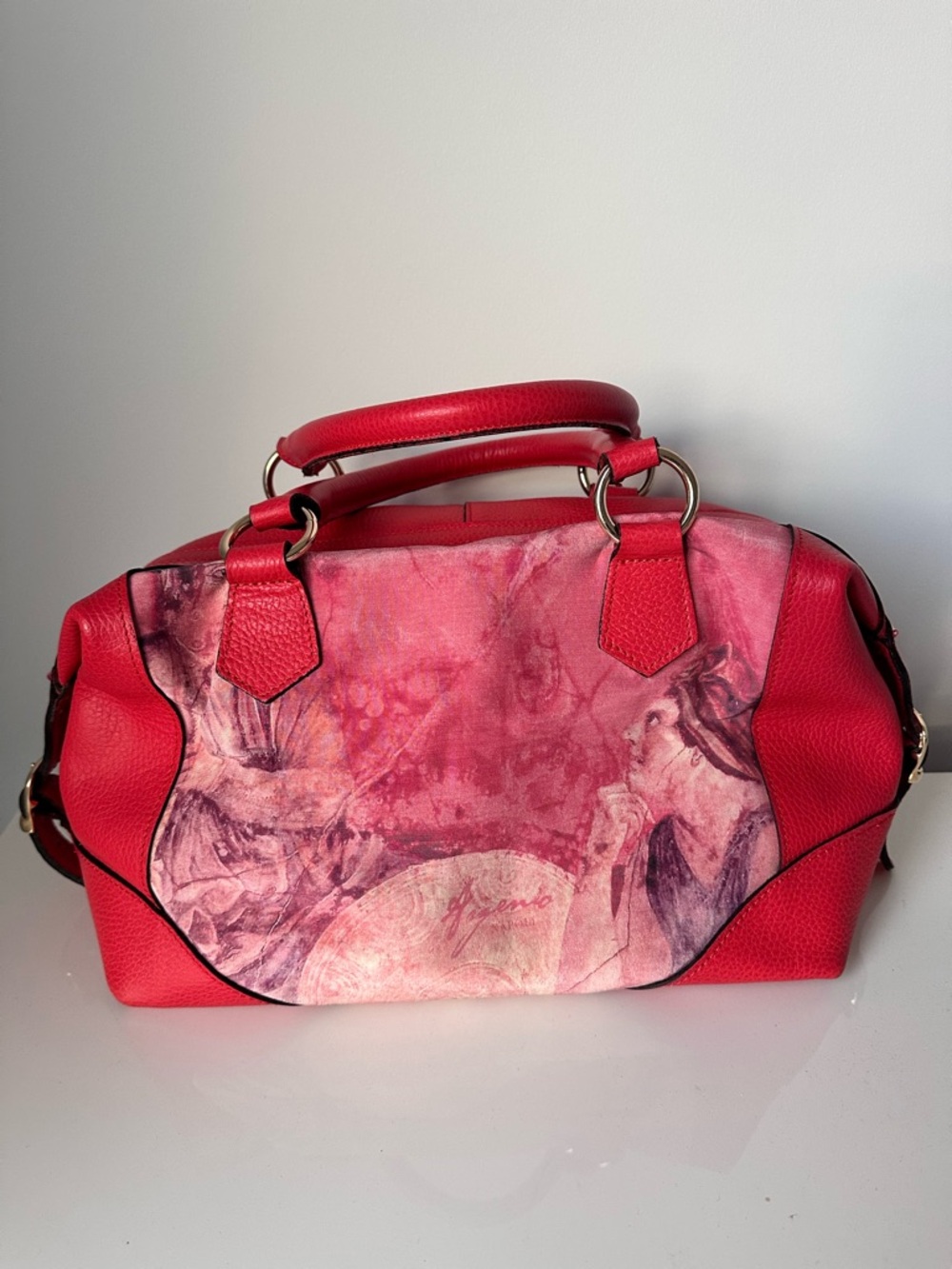 Argenio Red Printed Panel Leather Satchel Handbag Made in Italy